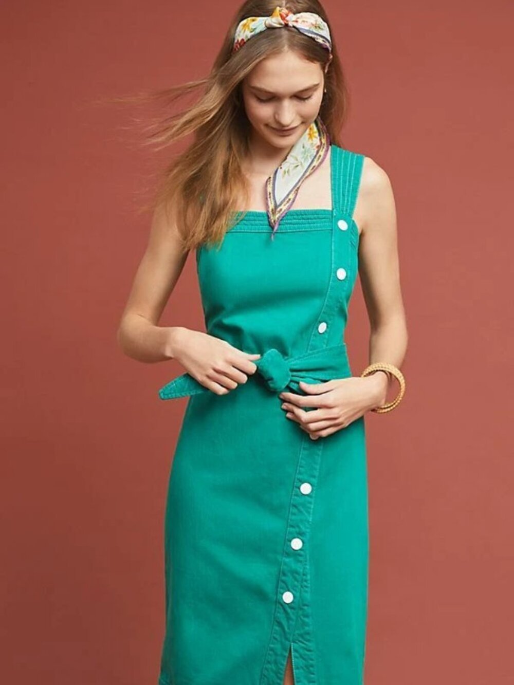 Anthropologie MAEVE Elizabeth Green Denim Side Button Belted Sheath Dress Size 6